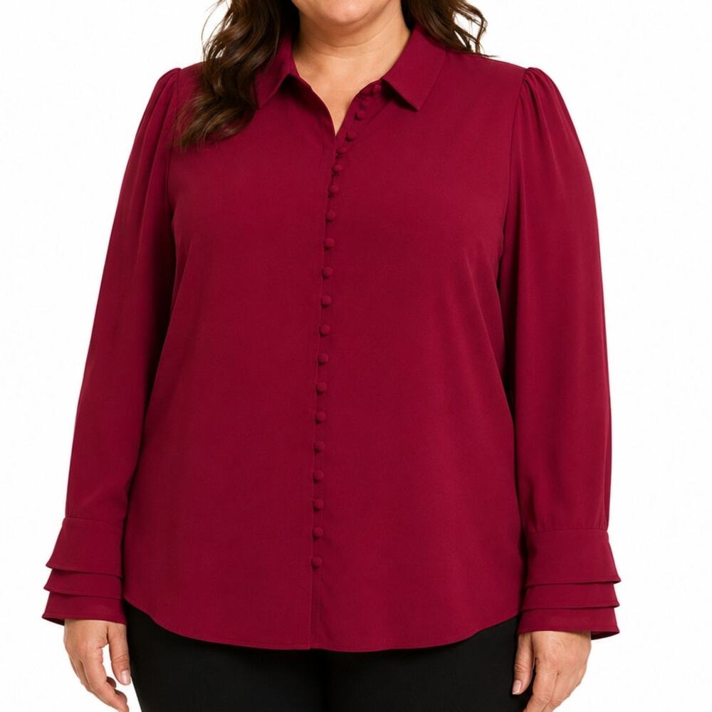 Soft Surroundings NWT Poet Blouse Large 14-16 Red Covered Button Rayon Shirt